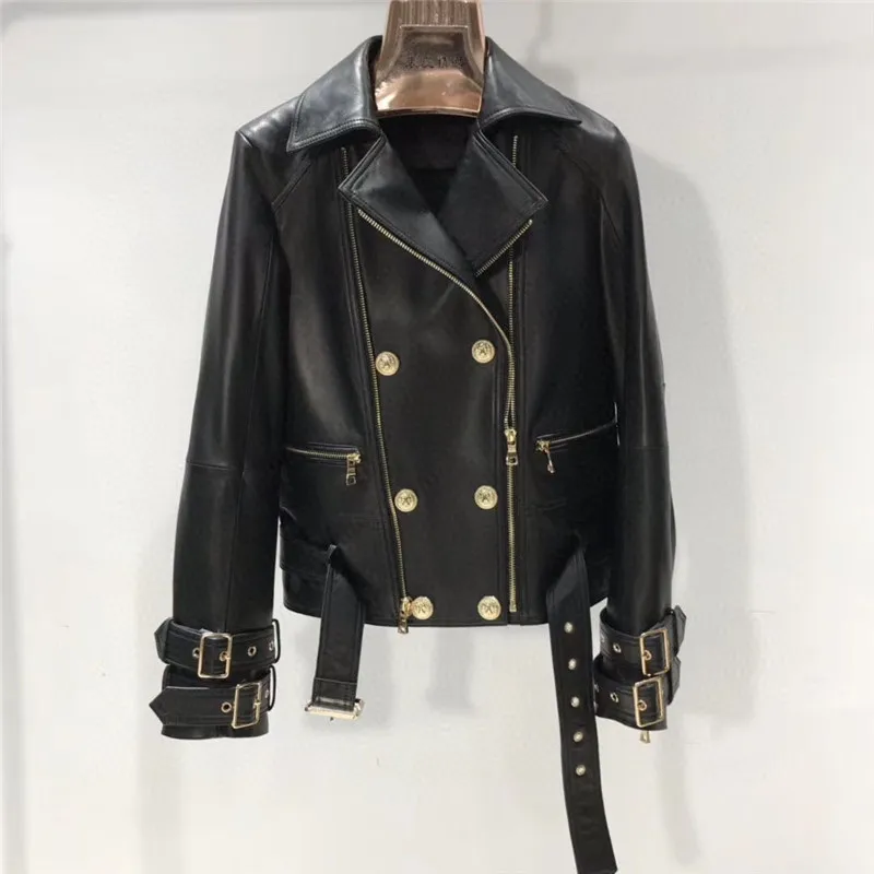 

Мотоциклетная Байкерская Женская куртка из натуральной овечьей кожи на молнии, приталенная черная куртка, Женское пальто, зима-осень 2022