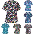 Для женщин источает впитывает пот и медсестра уход комбинезоны короткий рукав с v-образным вырезом Топы Рабочая одежда Блуза с изображением персонажей из мультфильма медицинский костюм q5