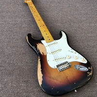 heavy relic st electric guitar alder body maple neck aged hardware sunburst color nitro lacquer finish can be customized