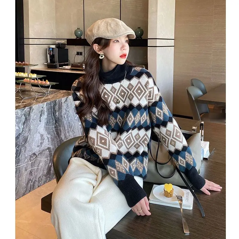 

Turtleneck Sweater Women's Autumn and Winter Wear New Loose Retro Lazy Style Thickened Pullover Sweater Top for Women
