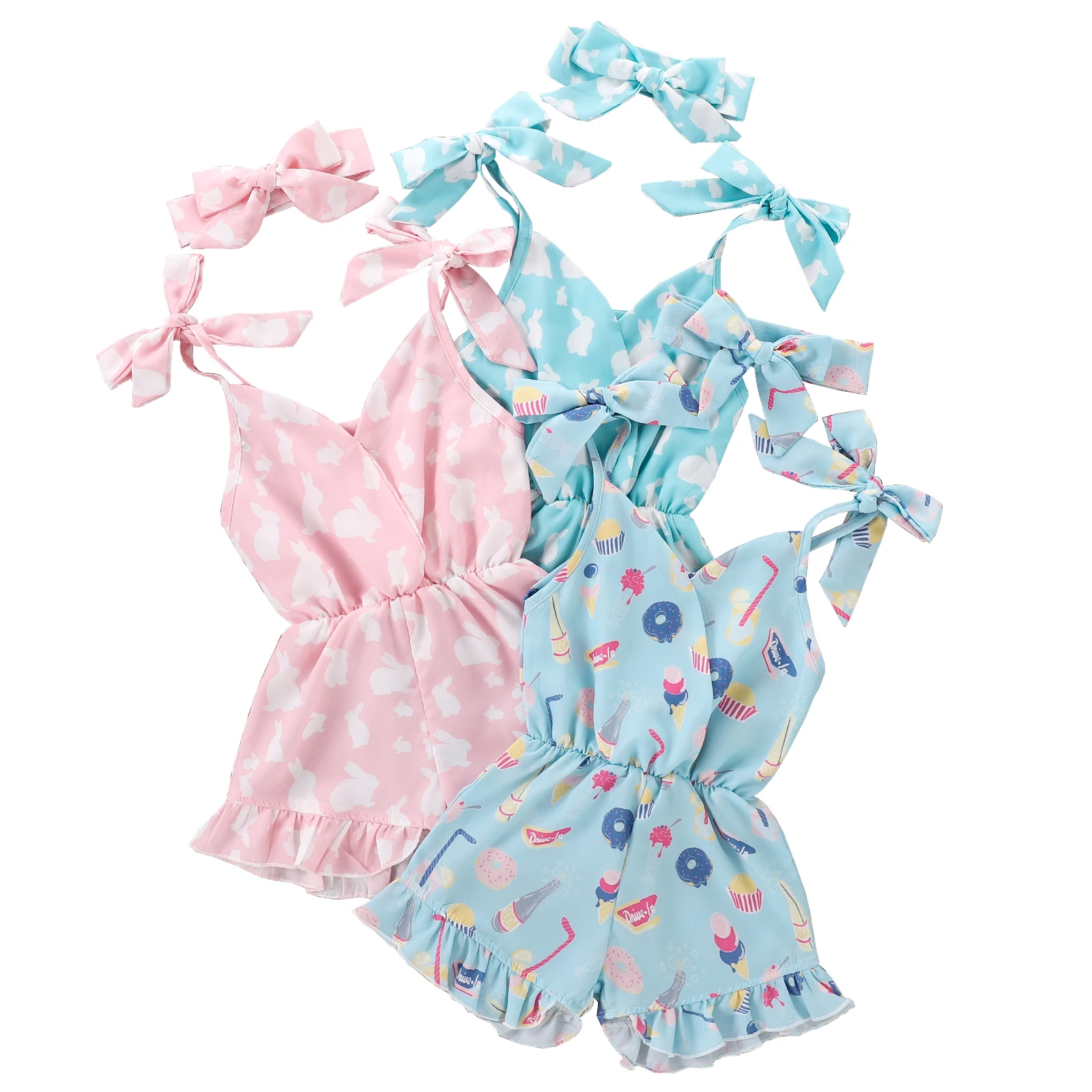 

Toddler Kids Infant Cute Bunny Pattern Romper Sleeveless Lace-Up Elastic Waist Jumpsuit + Bow Headband Summer Clothing