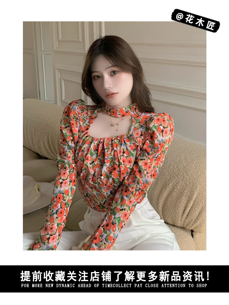

French Floral Shirt Women's Design Sense Niche 2021 Spring and Autumn New Retro Slim Pleated Hollow-out Short Top