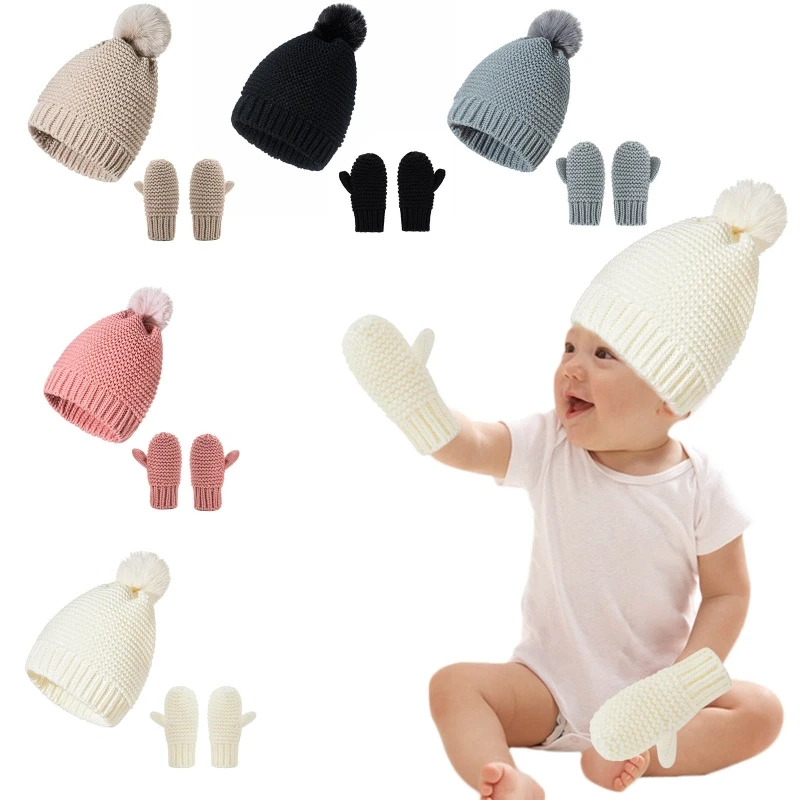 

Детский Зимний вязаный комплект из шапки и перчаток с помпоном, ветронепроницаемая шапка