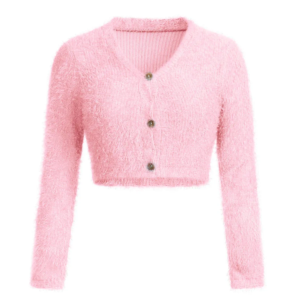 2019 Women Fashion V-neck Long Sleeve Furry Casual Sweater Crop Popular Tops Hot Sale Elegant Winter Warm Soft Sweaters | Спорт и