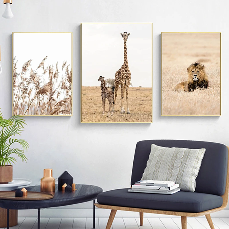 

Nordic Animals Lion Giraffe Canvas Painting Poster and Print Sunset Nature Landscape Wall Art Picture for Living Room Decor