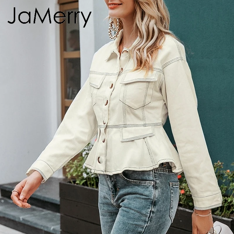 JaMerry винтажная элегантная Хлопковая женская куртка на пуговицах с длинным рукавом, осенняя повседневная женская верхняя одежда, пальто с высокой талией, офисное Женское пальто