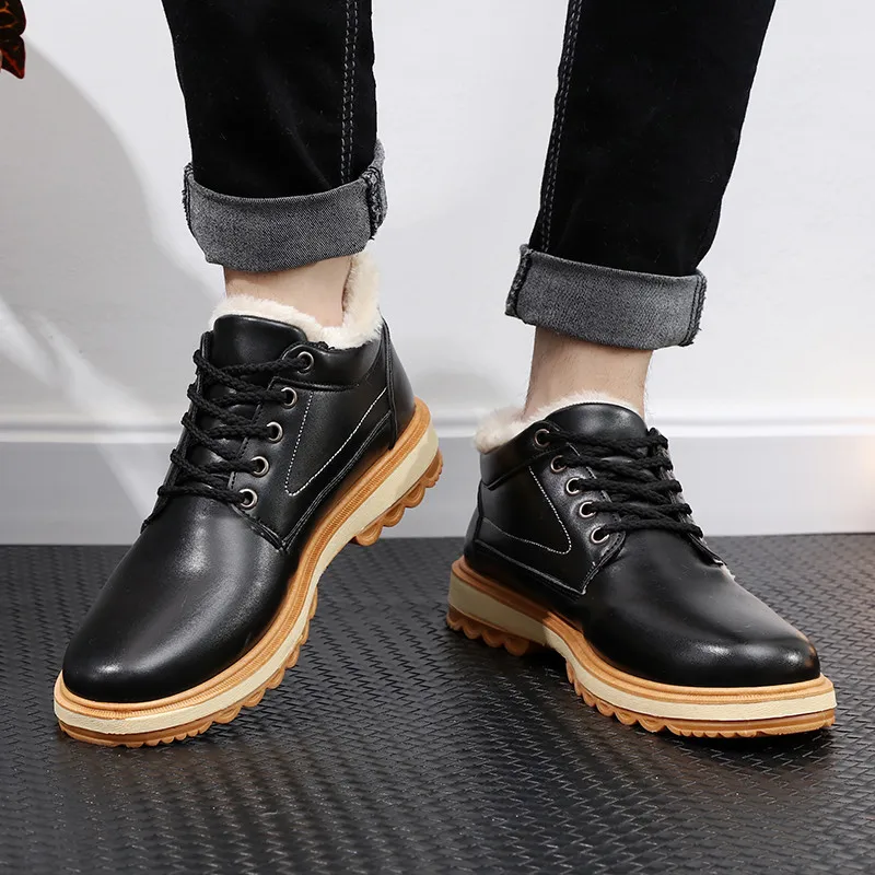 

2019 New Blue Fashion Men Boots Plush Fur Warm Waterproof Male Winter Boots Lace Up Male Winter Boots Flat Leather Tactical Boot