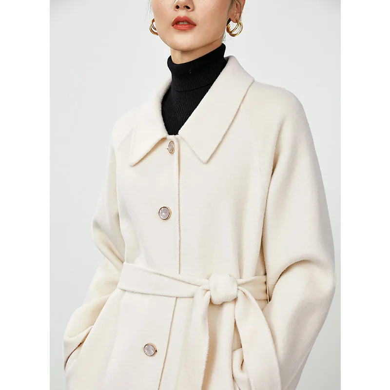 

New European style over the knee long temperament lace double-sided cashmere women's autumn and winter loose woolen coat
