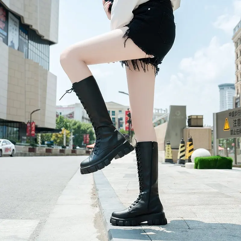 

Shoes Female Han Edition Joker Fashion Tide Shoes New Autumn Shoes Lace-up Boots Knight Thick With Boots Women Boot