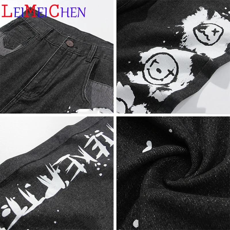 

LEIMEICHEN Men's Graffiti Smiley Print Loose Straight Jeans Splash Ink Couple Casual Pants Wide Leg Pants Long Pants PC2099