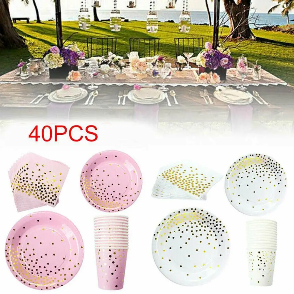 40 шт Белый Синий бронзированный горошек одноразовый набор посуды чашка тарелка