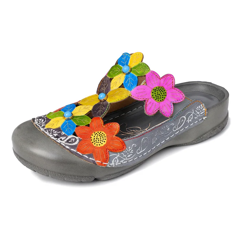 

Hollow Genuine Leather Vintage Flowers Splicing Stitching Hook Loop Soft Sandals Spring Summer Casual Women Flat Shoes