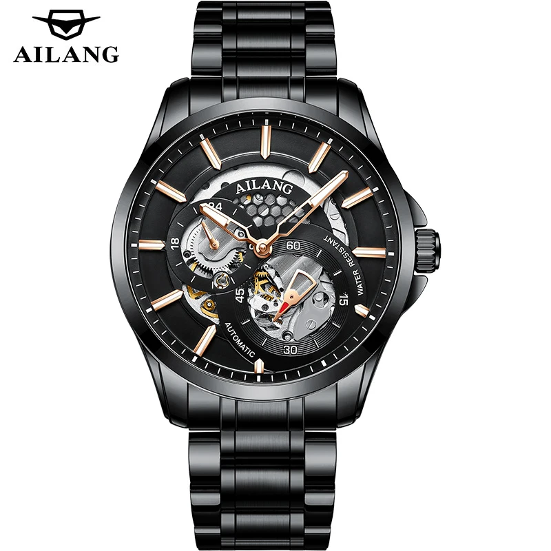 

AILANG 2022 New Luxury Men's Black All Steel Waterproof Automatic Mechanical Watches Business Men Watches Relogio Masculino