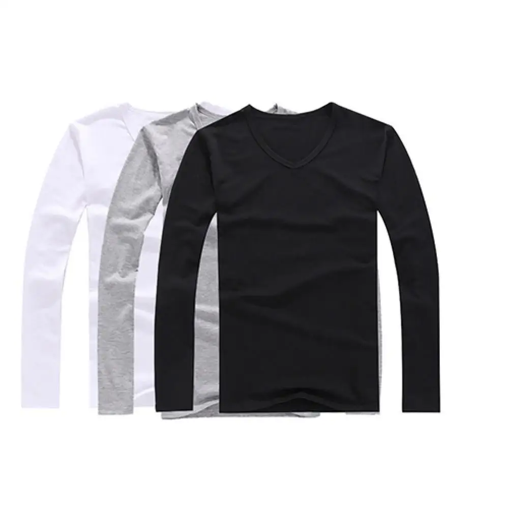 T-shirts-Camiseta elástica de algodón para hombre, camisa de manga larga con cuello en V, informal, concisa, a la moda, 2021