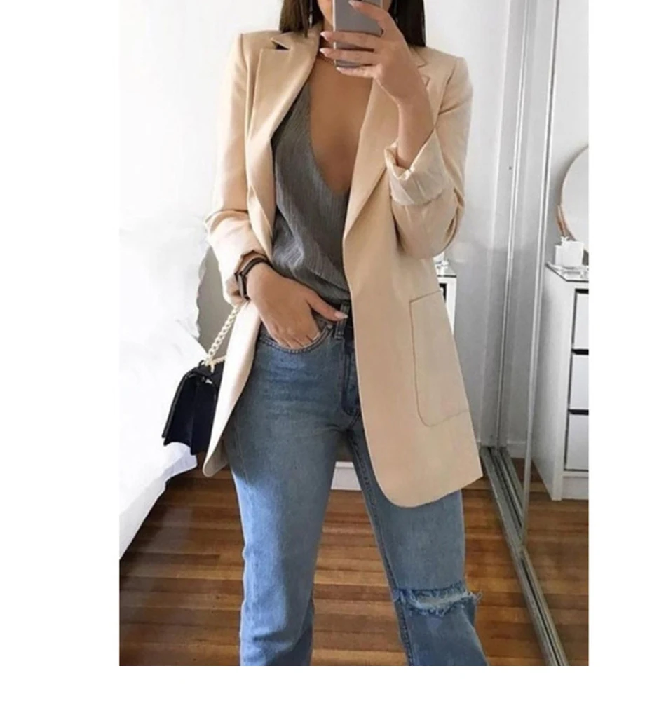 Однотонные женские куртки и пальто 5XL размера плюс, Осеннее болеро с длинным рукавом и отложным воротником, женские куртки с карманами