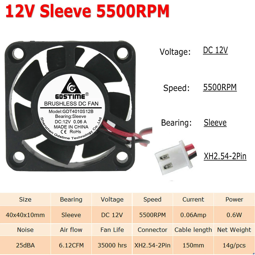 10 шт./Партия Кулер 40x40x10 мм 4010 2Pin 3Pin Dupont USB 5 в 12 В 24 в 40 мм 4 см DC чехол для компьютера Бесщеточный вентилятор охлаждения Втулка с отверстиями для шариков - Цвет лезвия: 12V Sleeve 5500RPM