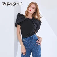 twotwinstyle black chic t shirt for women o neck puff short sleeve slim ruched casual t shirts female fashion new style summer