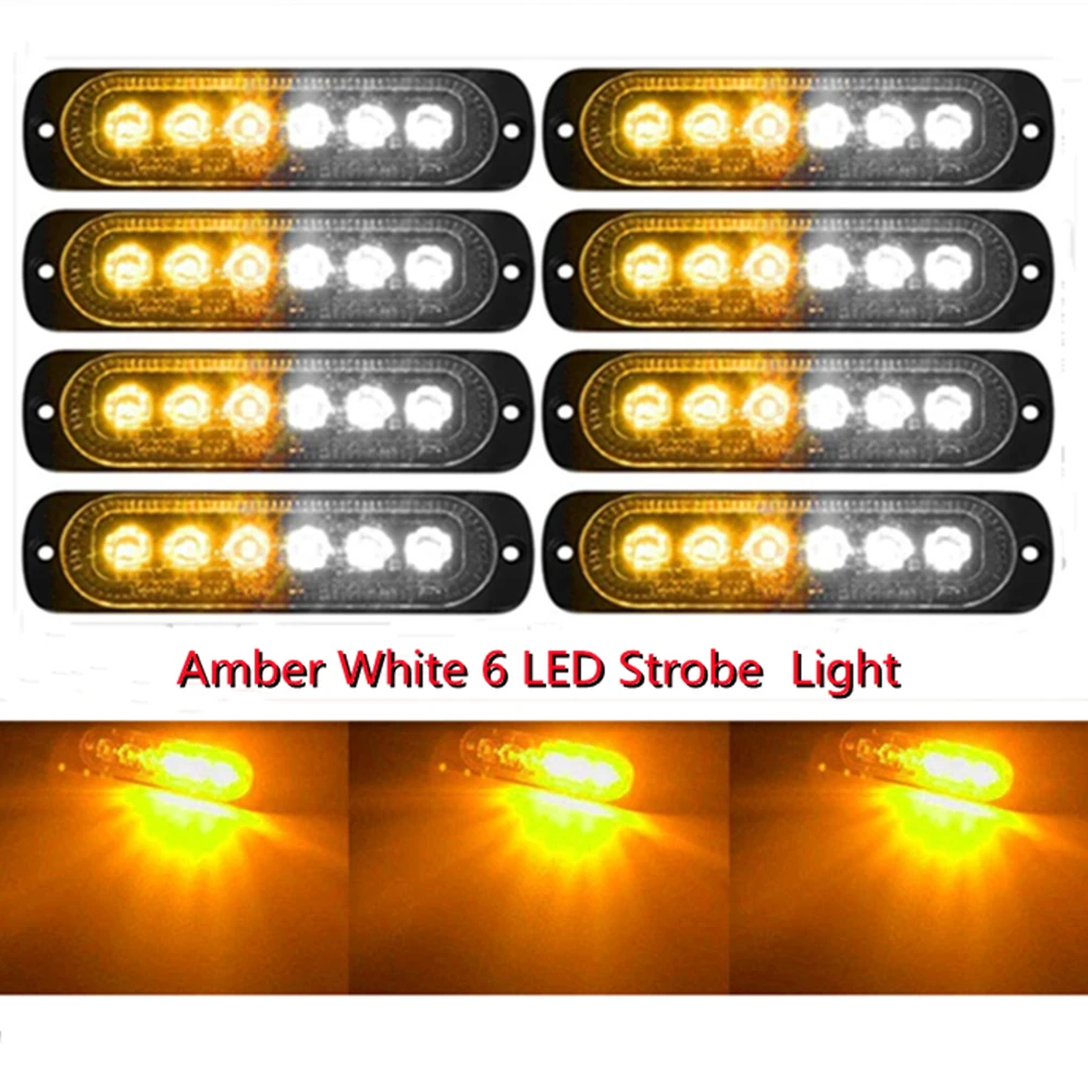 

LED Emergency Strobe Lights, 8x Amber White 6 LED Strobe Warning Emergency Flashing Light Caution Construction Hazard Light Bar