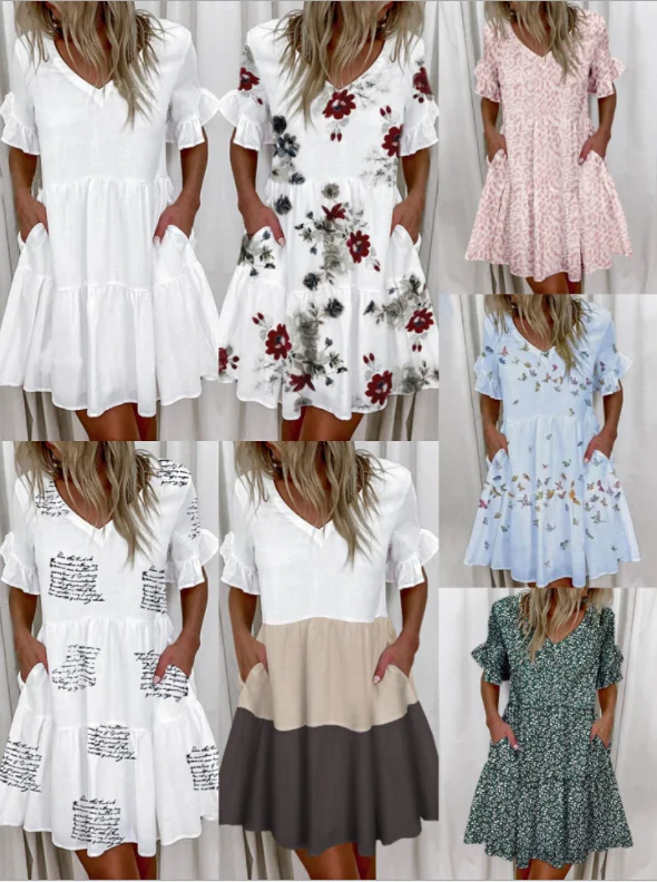 

Summer Women'S Dress 2021 Short Sleeve Floral Print Ruffled Pocket Boho Beach Plus Size Dresses A Line Sundress Robes ​Vestidos