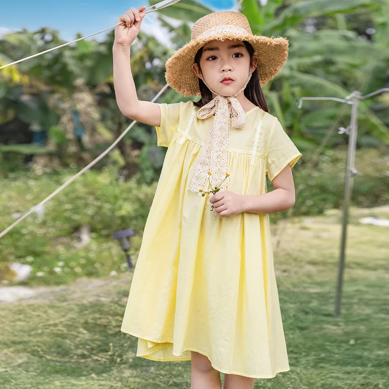 

Новое летнее Повседневное платье в Корейском стиле для детей от 6 до 14 лет и девочек-подростков, детская однотонная модная одежда средней дл...