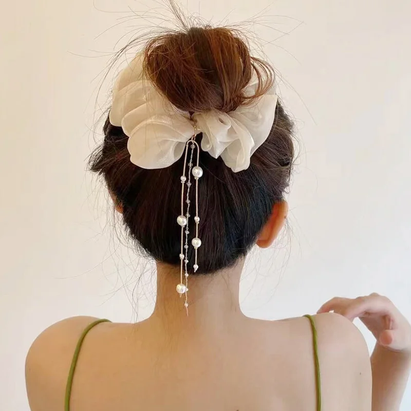

High-Quality Tassel Pearl Large Intestine Hair Ring Ins Ponytail Leather Case Temperament Head Rope New Simple Headdress Female