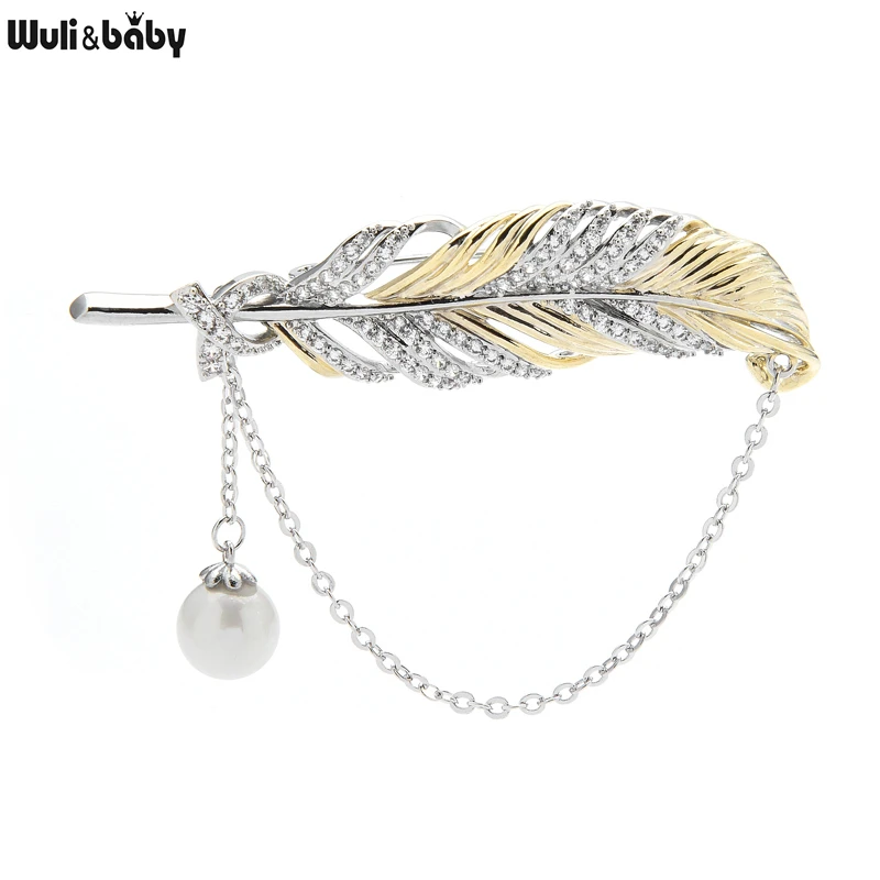 

Wuli&baby Pearl Chain Feather Brooches For Women Designer Top Quality Banquet Office Brooch Pin Gifts