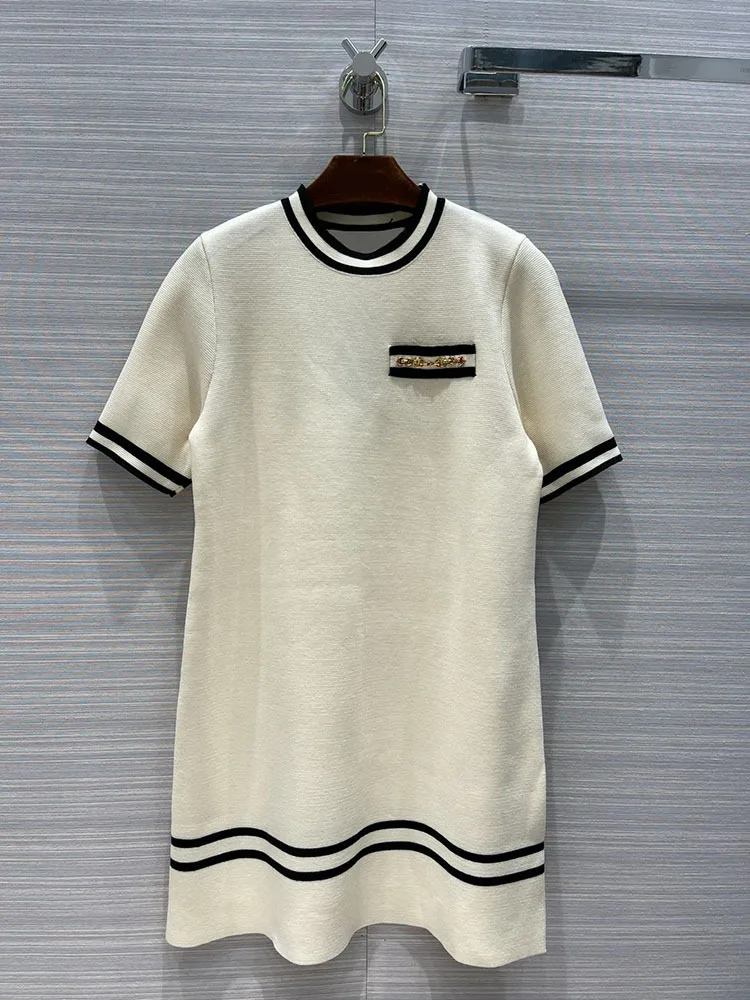 

Solid Women High-end 2021 Early Spring New Fashion A-line Short Sleeve Slim Casual Striped Contrast Mini Dresses