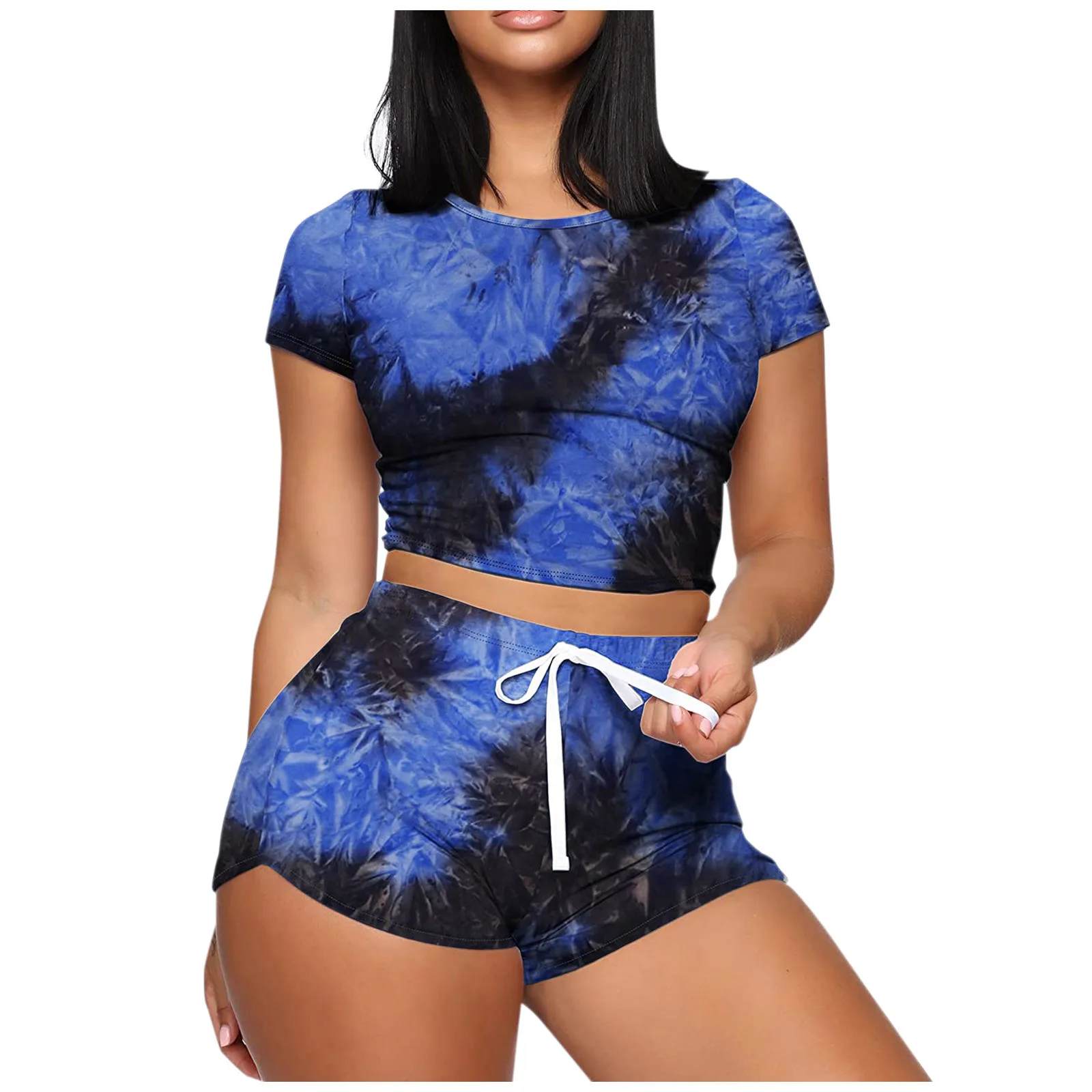 

Two Piece Sets For Women Summer Casual Solid Color Short Sleeve Crop Tops Outfits Sets Sexy Tracksuits Sportswear Shorts Sets