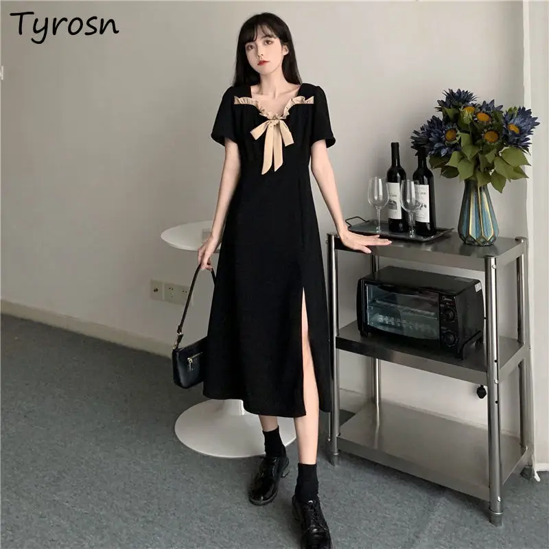 

Женские платья до середины икры с коротким рукавом, элегантные милые ретро платья во французском стиле с оборками и бантом, с квадратным вор...