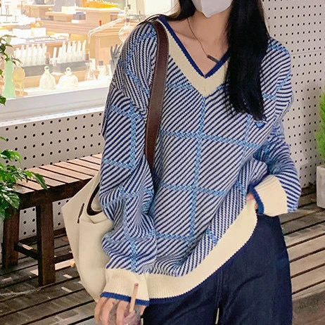 

Purple V-neck Soft Waxy Sweater Women's Autumn 2021 New Loose Chic Knit Top Jacket oversized sweater Polyester