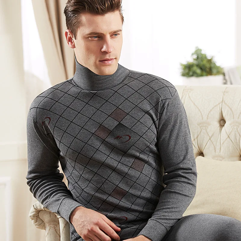

Men turtleneck thermal underwear set cotton long Johns suits long sleeve shirt+pants 2 pieces set winter warm thick