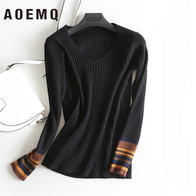 AOEMQ, модный свитер, один размер, 5 цветов, в полоску, подходит для секса, v-образный вырез, женские топы, тонкий свитер, зимняя одежда для женщин, одежда