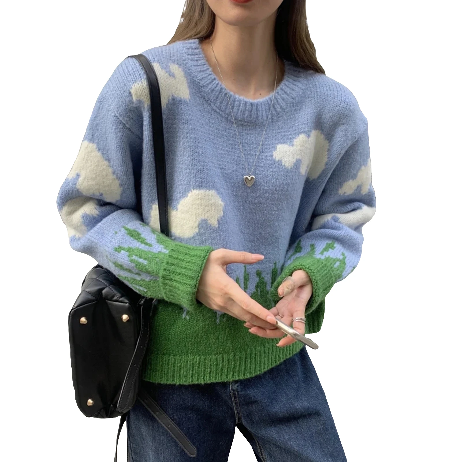 Женский вязаный свитер с принтом в виде облаков модные пуловеры большого размера
