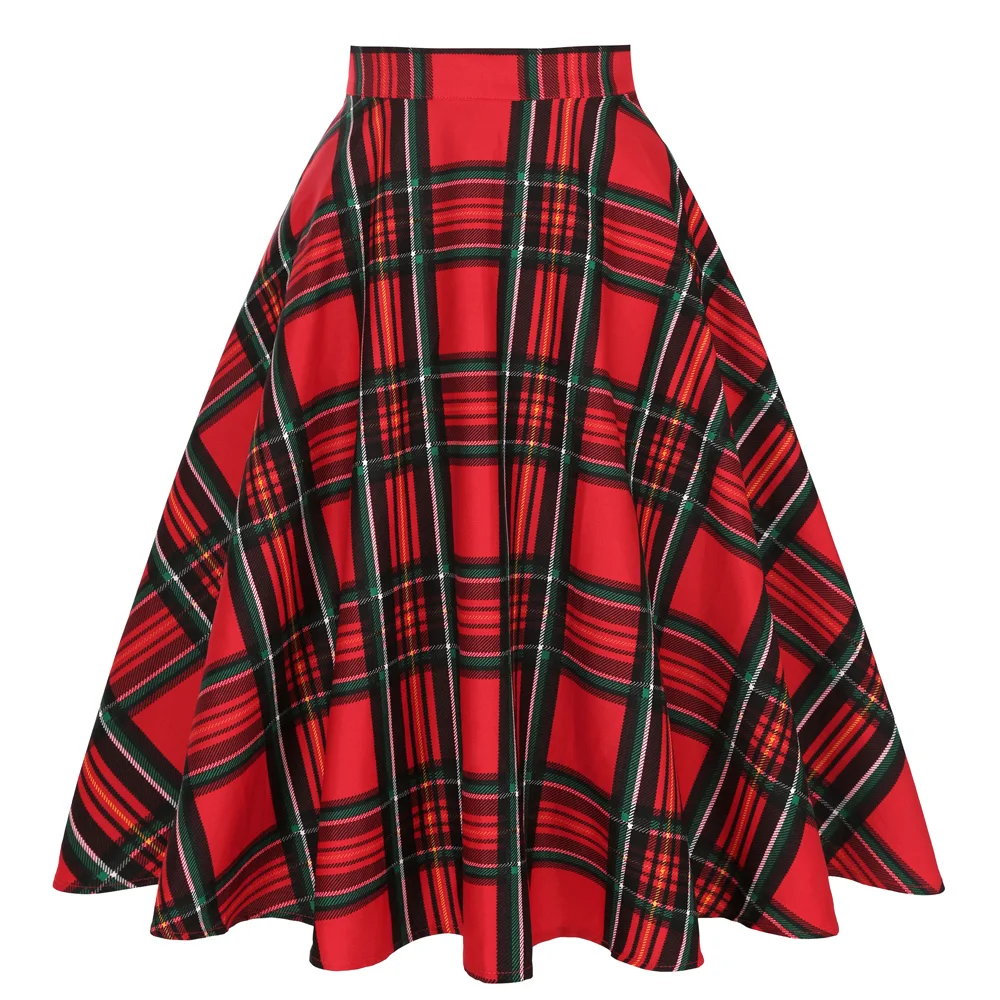 Cotton Long Midi Skirt High Waist Women Ladies Spring Swing Vintage 50s Inspired Red Plaid jupe femme SS0006 | Женская одежда