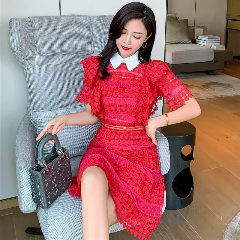 Женское кружевное платье-Автопортрет красное фиолетовое платье с оборками и