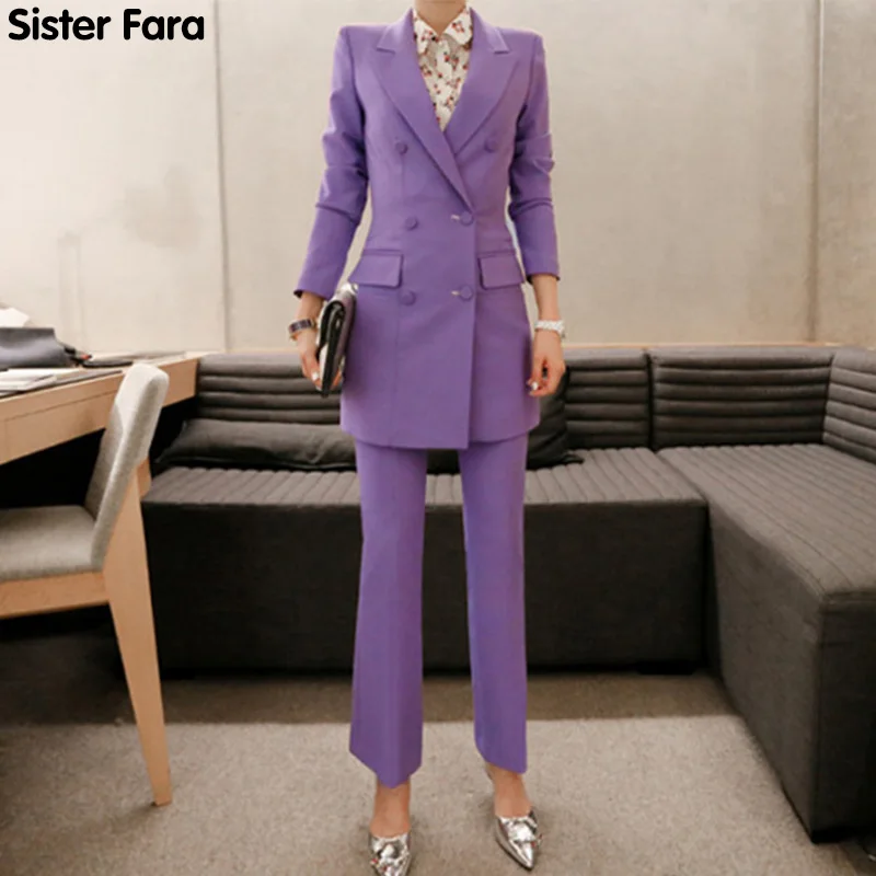 

Sister Fara Spring Slim Straight Pant+Double Breasted Women Pant Suit Notched Long Blazer Jacket Autumn Ladies Two Piece Suit