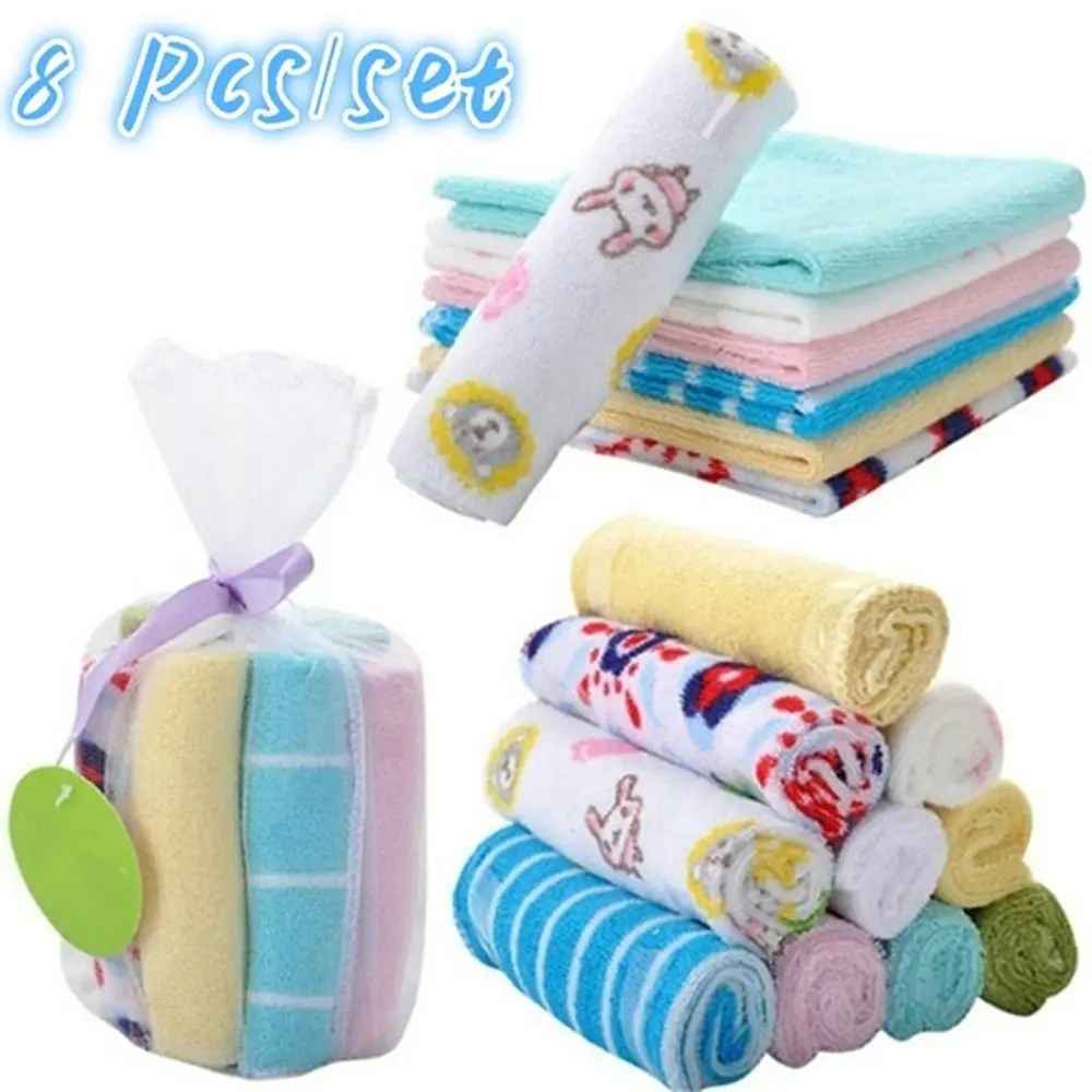 8Pcs/set Baby Infant Newborn Cotton Bath Towel Washcloth Bathing Feeding Wipe Cloth Soft Comfortable Cartoon Solid Color Towels