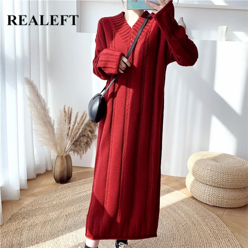 

REALEFT Autumn Winter Loose Twist Knitting Dresses 2021 New Long Sleeve V-Neck Elegant Oversize Warm Long Sweater Dresses Female