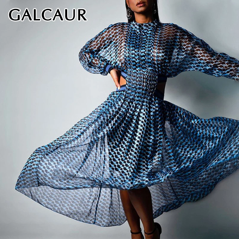 

GALCAUR Print Dresse For Women Stand Collar Long Sleeve High Waist Hollow Out Ruched Leopard Blue Dress Female Clothes Style