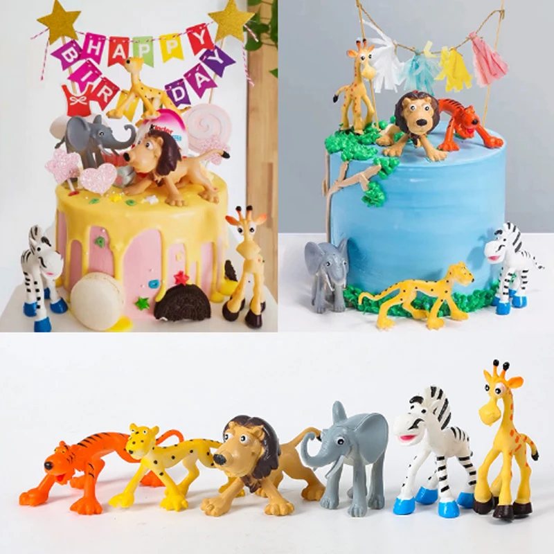 

6PCS/set Forest Theme Cake Decora Zebra Elephant Lion Giraffe Tiger Leopard Animal Small Ornaments Car Model Children's Toys