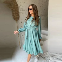 women corduroy ruffle dress casual long sleeve o neck button sashes dresses vintage a line party knee dress 2021 autumn winter