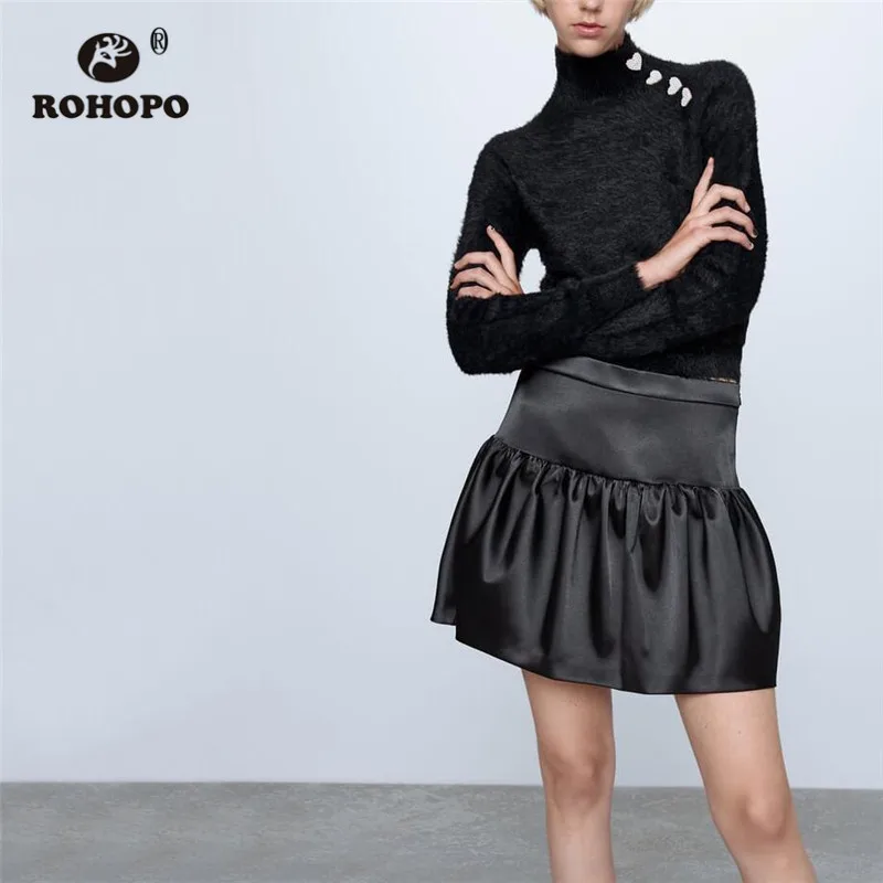 ROHOPO/черная мини юбка с оборками и высокой талией милая Осенняя шелковистая