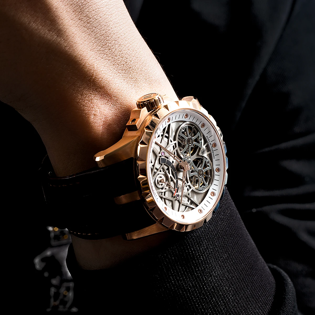 OBLVLO New Design Brand Luxury Transparent Hollow Skeleton Watches for Men Tourbillon Rose Gold Automatic Watches RM-E