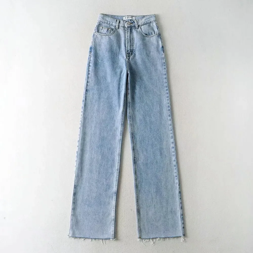 

Spring Summer Fashion Women Casual Jeans High Waist Floor Length Frayed Denim Trousers Female Straight Wide Leg Loose Jean Pants