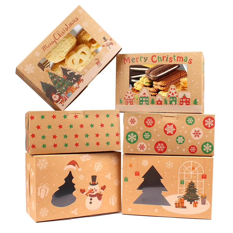 

10pcs Merry Christmas Cookie Box Kraft Paper Party Favor Kids Gift Box Packaging DIY Home New Year Xmas Noel Navidad Decoration