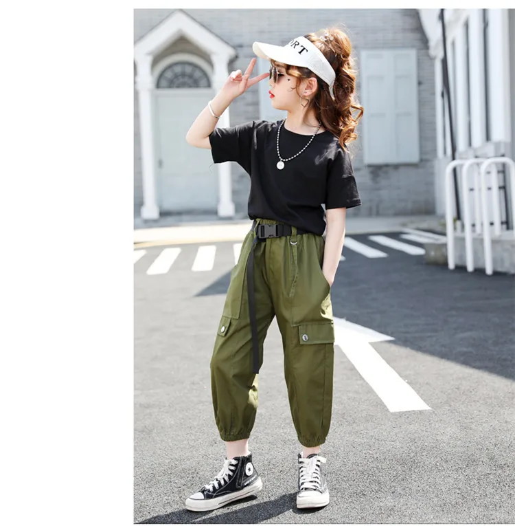 Летняя одежда для девочек Однотонная рубашка + штаны костюм из 2 предметов