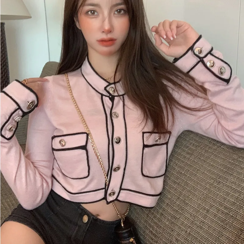 

Autumn Small Fragrance Knitwear Thin Cardigan Coat Korean Fashion Casual Long Sleeve Knitted Sweater Crop Top Sweet Pull Femme