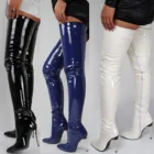 Привлекательные Сапоги выше колена на шпильке с острым носком и боковой молнией, из лакированной кожи, сапоги большого размера, женские кожаные сапоги
