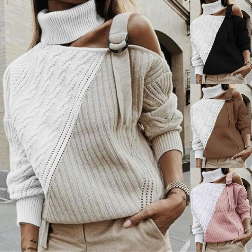 Autumn Winter Women Sweaters Color Block Turtle Neck Adjustable Strap One Shoulder Knitted Sweater Pullover Streetwear | Женская одежда