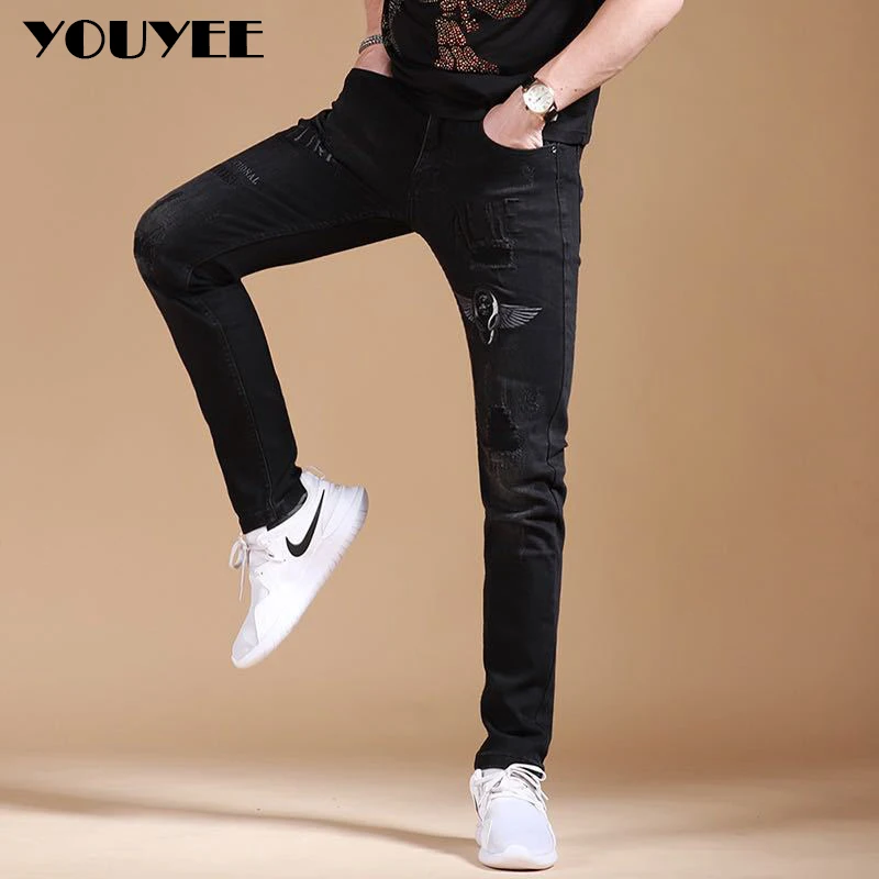 Мужские рваные Стрейчевые джинсы с вышивкой Классические летние зауженные 2020
